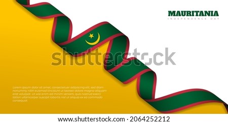 Waving Mauritania ribbon flag. Mauritania Independence Day template design. Good template for Mauritania national day design.