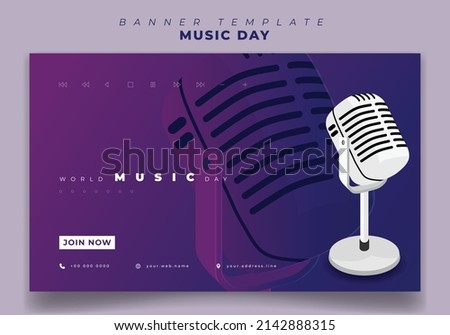 Web banner template for world music day with Microphone and purple background