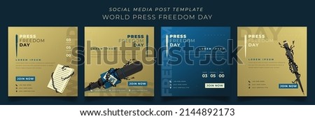 Set of social media template in gold and blue square background for world press freedom day design