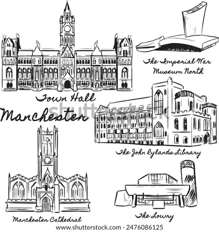 Manchester landmarks ink illustrations. Famous tourist attractions isolated vector drawings.England historical and modern spots Town Hall, Cathedral , The Lowry, John Rylands library sketches. 