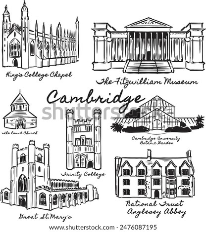 Cambridge famous historical structure illustration. Ancient, medieval, Victorian architecture. England tourist attractions ink illustration. King College Chapel, Museum, Trinity College, Great St Mary