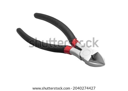 Steel cutting pliers with black handles. Close-up. Isolated on a white background. Imagine de stoc © 