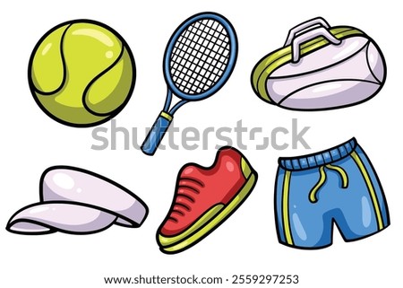 Set of Hand drawn tennis element. collection of tennis ball, racket, bag, hat, shoes, shorts Isolated Vector