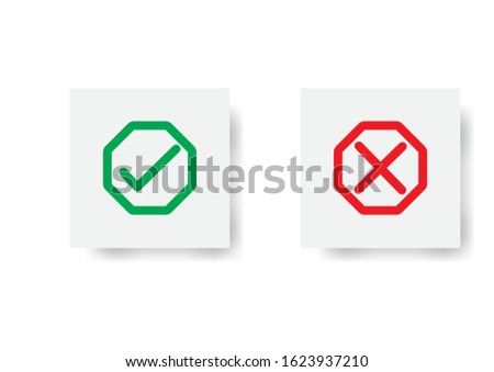 Tick and cross signs. Green checkmark OK and red X icons, isolated on white background. Simple marks graphic design. Octagonal symbols YES and NO button for vote, decision, web. Vector illustration