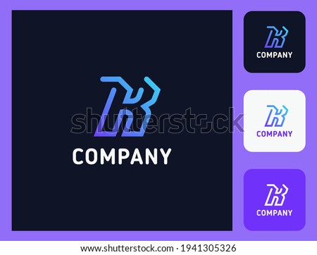 Simple and minimalist bright gradient and colorful outline letter K monogram initial logo in dark background with three icons Stock fotó © 