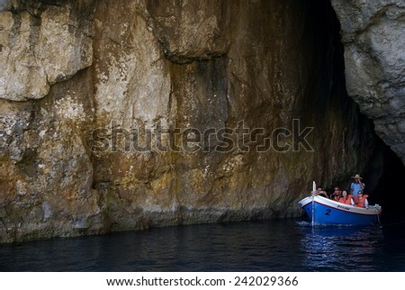 GOZO ISLAND , MALTESE ISLANDS, EUROPE - NOVEMBER 11, 2014. At the entrance of the Azure  Window Grotto in the Island of Gozo,famous place at the Mediterranean Sea.
