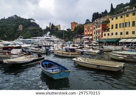 PORTOFINO, LIGURIA, ITALY - JUNE 23, 2015. Rainy evening summer at Portofino Village, popular  attraction on Ligurian Coast, Italy.