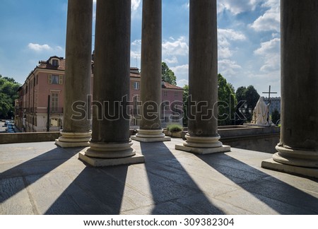 Turin, Italy, Europe - JUNE 28, 2015 . Lights and shadows through the columns of The Gran Madre di Dio Church in Turin.