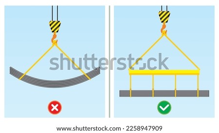 Workplace do and do not safety practice illustration. Improper lifting method. Lifting beams convert lifting loads into bending forces. Unsafe behavior safety and condition.