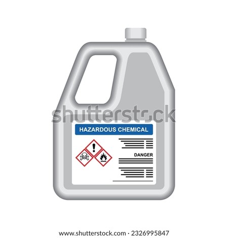 Jerry can or hazardous chemical container with danger notice label. Symbol and icon for safety data sheet. MSDS