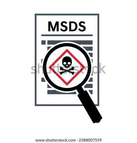 MSDS vector illustration. Material safety data sheet with magnifying glass, head skull and bone for danger awareness. Industrial chemical and hazardous material handling procedure.
