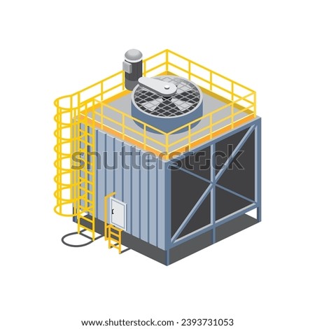 Isometric vector illustration of factory cooling tower. Big air conditioner for manufacture. Single and stand alone air temperature system with access ladder, door, fan, and motor.