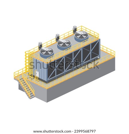Isometric vector illustration of factory cooling tower. Big air conditioner for manufacture. Air temperature system with access ladder, door, fan, and motor.