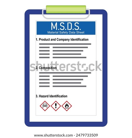 Vector illustration of safety data sheet document paper form for chemical standard. Hazardous material information.