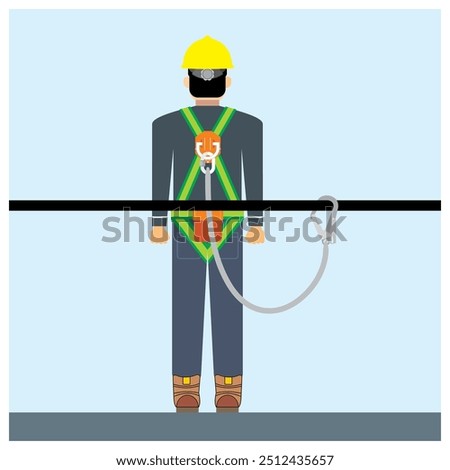 Anchorage point aligned with safety harness lanyard connecting point vector illustration. Construction and industrial personal protective equipment for working at height. Fall factor one.