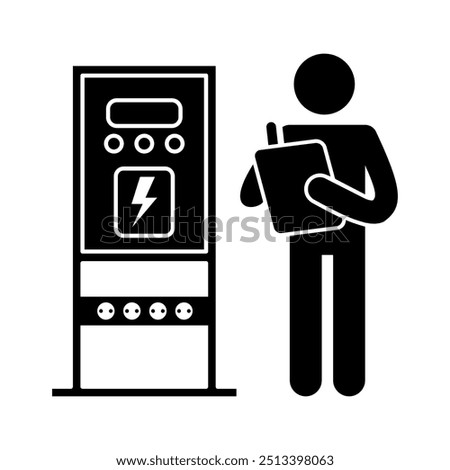 Stick figure of a person conduct inspection for an electric panel box.