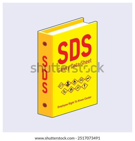 Isometric SDS document with hazard pictogram vector illustration. Safety data sheet for chemical material.