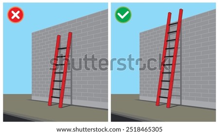 Workplace do and do not ladder safety practice illustration. Inadequate length of straight and extension ladder.