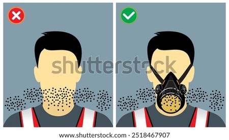 Workplace do and do not respiratory protection safety practice illustration. Wear respiratory mask to avoid from inhaling mist, dust, fumes, small particles, and other toxic gas.