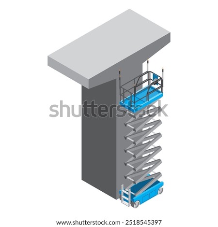 Isometric view of ascended scissor lift at the pier head column work illustration. Mobile elevated working platform equipment for construction and industrial work.