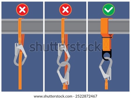 Illustration comparison of correct and incorrect body harness hook anchorage point method. Personal protection equipment for working at height to prevent falls.