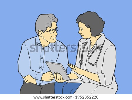 Professional physicians who are skilled at prescribing treatment of diseases, showing the results of medical tests on a digital computer tablet to elderly retired patients. hand drawn style vector des