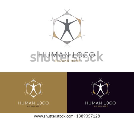 Abstract logo design with human figure in circle, quoting Leonardo DaVinci's drawing, in metallic colors. Creative human logo template - vector.