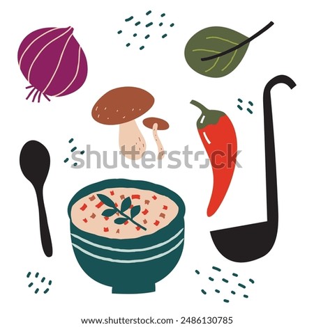 Vegetable soup bowl. Hand drawn illustration set of mushroom, onion, spinach, red pepper, ladle and spoon isolated white background.-Vector