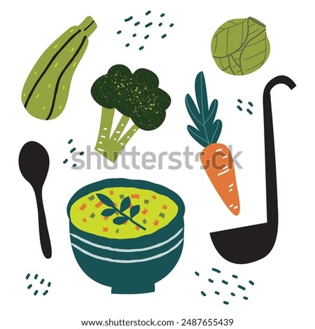 Vegetable green soup bowl cooking. Hand drawn illustration set of broccoli, zucchini, spinach, carrot, soup bowl, spoon, ladle and brussel isolated white background. - Vector.