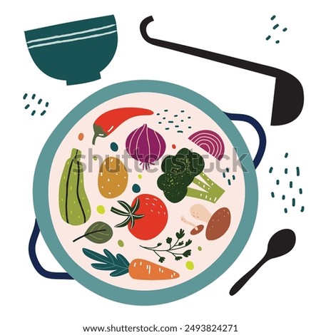 Vegetable soup illustration in a pot top view. Broccoli, red pepper, onion, mushroom, zucchini, potatoes, tomatoes, parsley, carrot. Healthy vegan cook. Ladle, bowl and spoon. - Vector