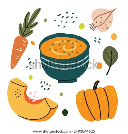 Pumpkin vegetable soup. Hand drawn recipe illustration set of pumpkin, carrot, basil, garlic and soup bowl isolated white background. - Vector.