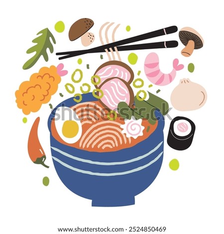 Ramen soup flat illustration with noodles, eggs, meat, shrimp, tempura prawn, mushroom, dumblings, vegetables in a bowl vector illustration. Japanese, Korean, Asian food isolated on white background.