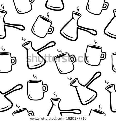 Seamless pattern with hand drawn coffee maker and coffee cup on a white background. Doodle, simple outline illustration. It can be used for decoration of textile, paper and other surfaces.