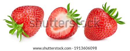 Strawberry isolated. Strawberries with leaf isolate. Whole strawberry and half on white. Strawberries collection.