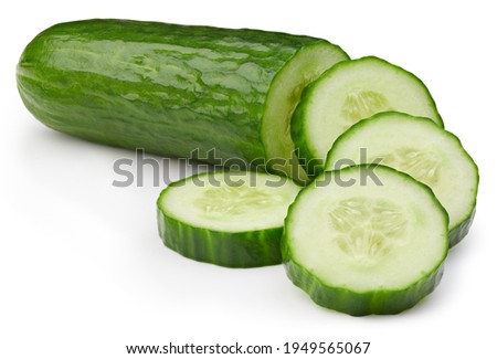 Cucumber clipping path. Cucumber vegetable with cucumber slice isolated on white background. High End Retouching