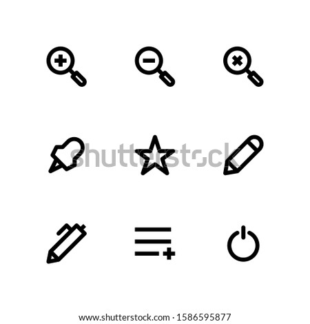 User Interface icon set = zoom in, zoom out, close zoom, marker, star, pencil, pen, add menu, power