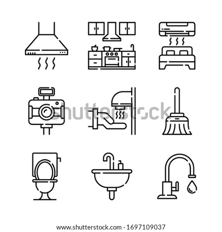 Home appliances icon set = extractor, kitchen, bedroom, camera, hand dryer, broom, toilet, sink, faucet