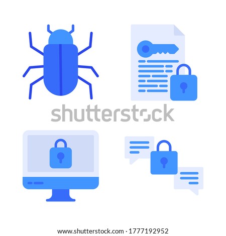 Cyber Security icon set = virus malware, encryption file, computer locked, encryption chat.
Perfect for website mobile app, presentation, illustration and any other projects.
