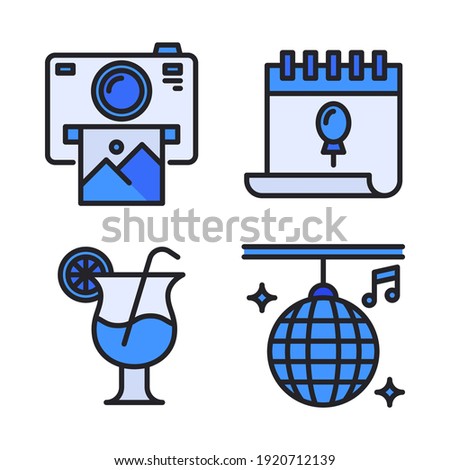 Celebration Icons Set (Filled Line) = camera polaroid, calendar, cocktail, disco ball. Perfect for website mobile app, app icons, presentation, illustration and any other projects.