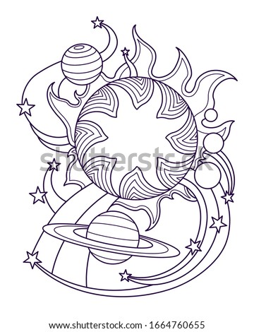 Fantastic space landscape with planets of solar system and stars. Page of coloring book. Vector illustration isolated on white background.