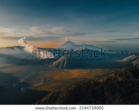 Mount Bromo volcano (Gunung Bromo) during sunrise from viewpoint on Mount Penanjakan, in East Java, Indonesia. 商業照片 © 