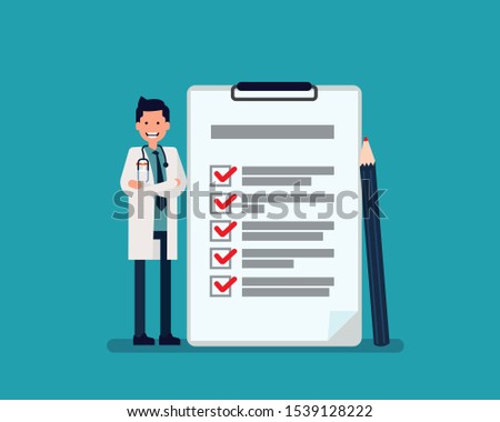 Doctor with list of health check up. Medical check concept, Happy cartoon vector character design.