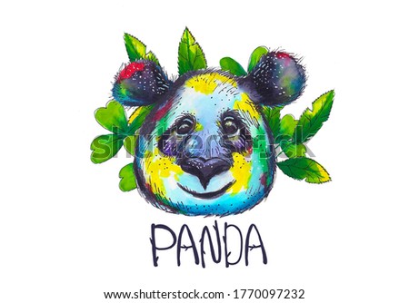 Watercolor color panda illustration. Bohemian cute animal. Boho style. Nursary art print. Feathers collection. Kids design. yellow green red panda animal. Color animal hand drawing.