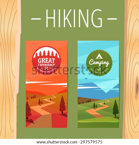 Two Tourism hiking vertical banners set with evening and day valley, trees and mountain landscape. Abstract isolated vector illustration