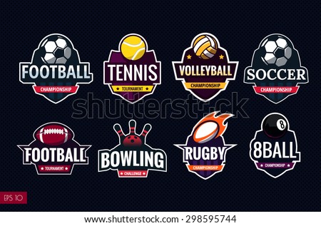 Mega set of colorful sports logos tennis, soccer, american football, volleyball, bowling, rugby, billiards. Vector abstract isolated illustration