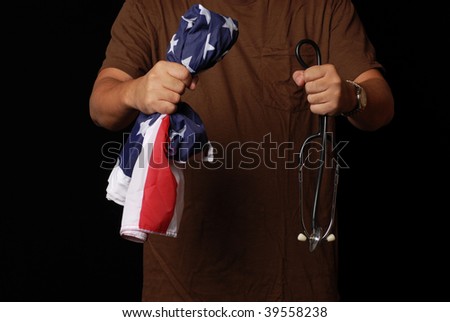 men using stethoscope and American flag  to  debate health care reform