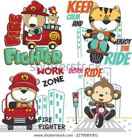 Set of cartoon kid animal activity. Bear the fire fighter. Tiger riding a scooter. Monkey riding a motorbike. Isolated objects on white background. Concept for children print.