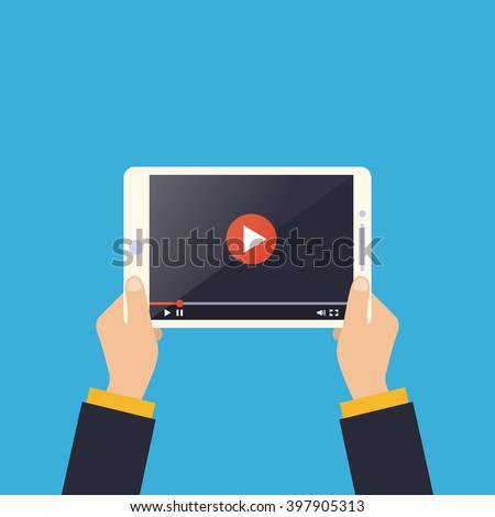 Business man holding tablet computer with video player on screen. Using digital tablet pc. Flat design concept online video. Vector illustration