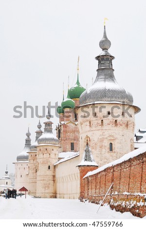 Russia. Town of Rostov the Great. Perspective view of wall and towers of Rostov Kremlin at winter