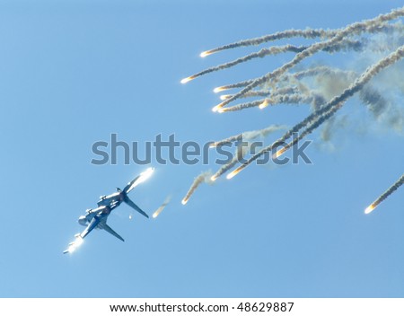 RUSSIA, MAKS - AUGUST 28: SU-27 fighter performing aerobatic elements and ejecting thermal traps (salute) at MAKS  aviation salon August 28, 2007 in Zhukovski, Russia